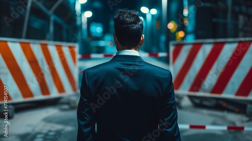 A determined businessman in a suit stands halted before a symbolic barrier, representing obstacles such as sanctions, economic challenges, or a potential business deadlock.