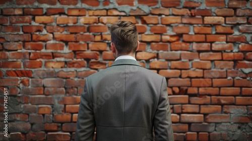 A determined businessman in a suit stands halted before a symbolic brick wall, representing obstacles such as sanctions, economic challenges, or a potential business deadlock. © TensorSpark
