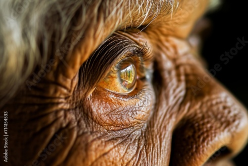Close-up of a senior person's eye with intense gaze and detailed wrinkles, showing age and wisdom.
