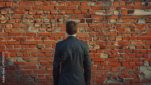 A determined businessman in a suit stands halted before a symbolic brick wall, representing obstacles such as sanctions, economic challenges, or a potential business deadlock. photo