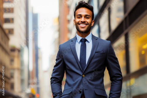 Young businessman smiling confidently on a busy city street, dressed in a sharp suit and looking successful.