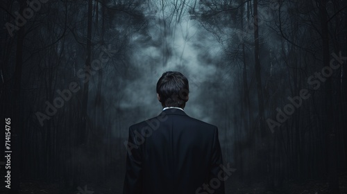 A determined businessman in a suit pauses at the edge of a dense, ominous forest, symbolizing the daunting challenges and uncertainties he faces in his professional journey. photo