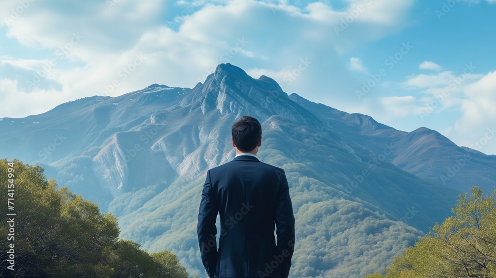 businessman in a suit stands at the base of a towering mountain, symbolizing the significant challenges and obstacles he faces in his career.