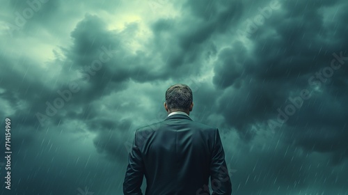 A determined businessman in a suit stands at a crossroads, gazing into a brewing storm, symbolizing potential business risks, challenges, and uncertain future problems ahead. photo