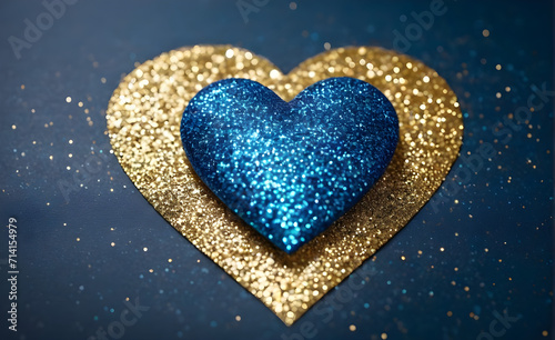 A small blue heart on a sparkling gold background. Generative AI