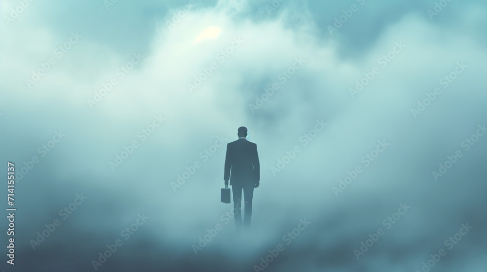 A pensive businessman in a suit stands at the edge of a road that disappears into dense fog, symbolizing uncertainty and the unpredictable nature of the business future.