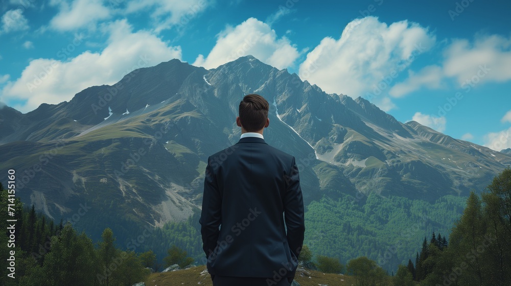 businessman in a suit stands at the base of a towering mountain ...