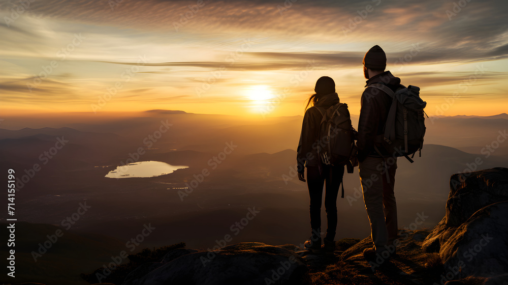 Couple of man and woman hikers on top of a mountain at sunset or sunrise, together enjoying their climbing success and the breathtaking view, looking towards the horizon