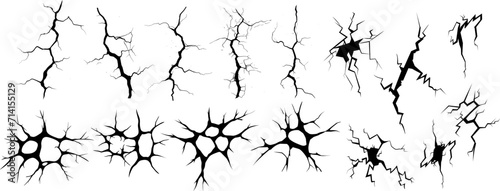 Ground cracks, horizontal breaks on land surface isolated on background. Assorted Crack and Break Textures. Black crack patterns on transparent background. Vector illustration