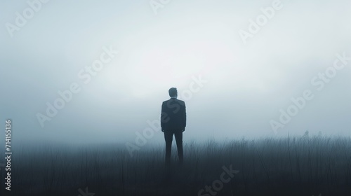 A pensive businessman in a suit stands at the edge of a road that disappears into dense fog, symbolizing uncertainty and the unpredictable nature of the business future. photo
