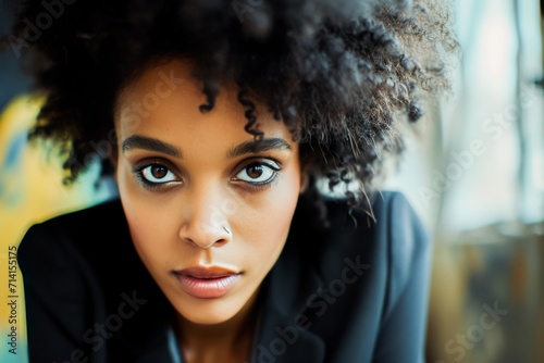 Close-up portrait of a young African American woman with beautiful eyes and natural curly hair.