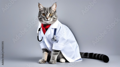 Grey cat like a vet in medical gown with stethoscope on the grey background © VVstudio