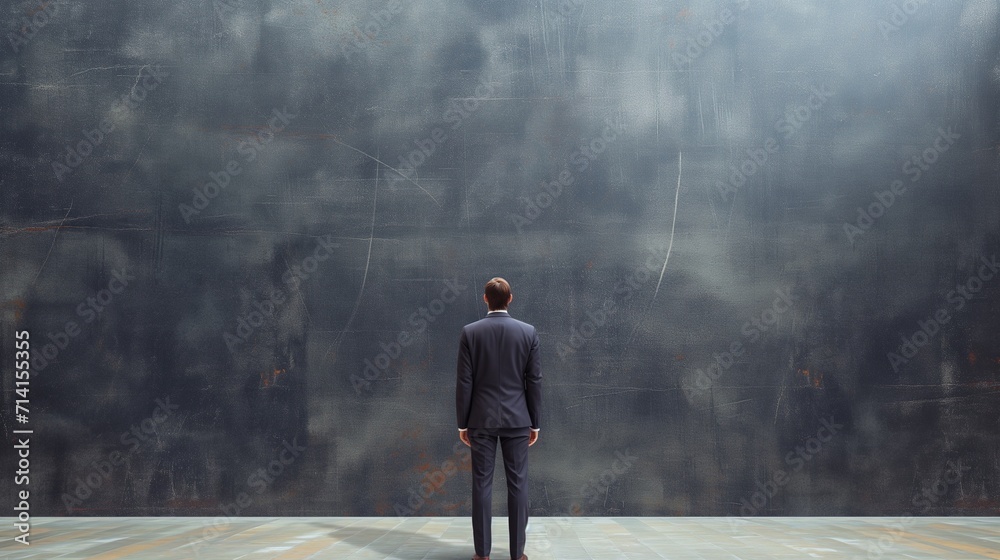 A determined businessman in a suit stands perplexed before a towering wall, symbolizing a sudden, insurmountable obstacle and a dead-end in his career path, with no clear way forward. A determined businessman in a suit stands perplexed before a towering wall, symbolizing a sudden, insurmountable obstacle and a dead-end in his career path, with no clear way forward.