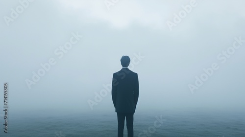 A pensive businessman in a suit stands at the edge of a road that disappears into dense fog, symbolizing uncertainty and the unpredictable nature of the business future.