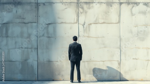 A determined businessman in a suit stands perplexed before a towering wall, symbolizing a sudden, insurmountable obstacle and a dead-end in his career path, with no clear way forward. photo