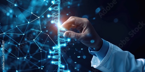 Doctor touching icon DNA. Digital healthcare and medical diagnosis of patient with network connection on modern interface. Healthcare and medical concept photo
