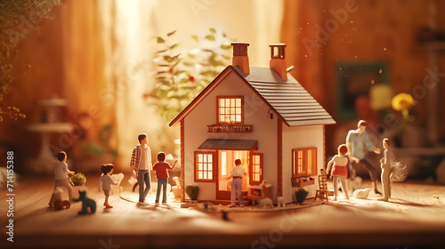 A compact replica of a house and a family portrayed against a blurry background, AI generated  photo
