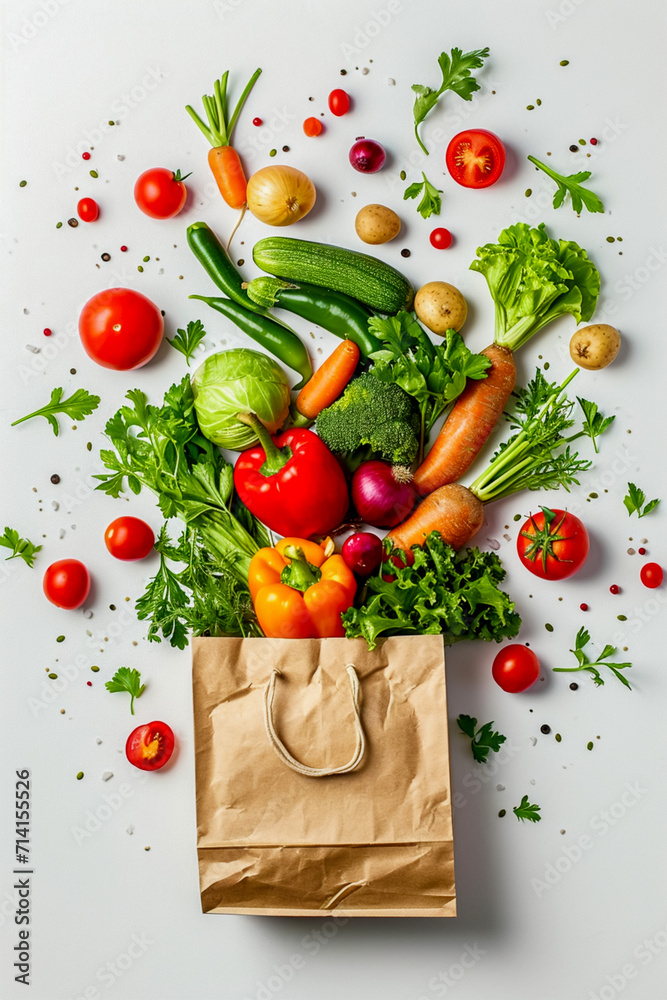 Vegetables, Tomatoes, cucumbers, sweet peppers, zucchini, cabbage, carrots, greens fly from the Grocery bag from the store in different directions. The benefits of plant foods for proper nutrition. Vegetables, Tomatoes, cucumbers, sweet peppers, zucchini, cabbage, carrots, greens fly from the Grocery bag from the store in different directions. The benefits of plant foods for proper nutrition.