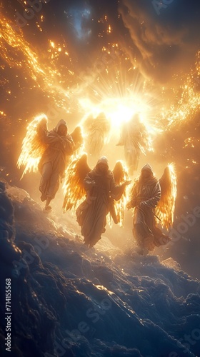 Digital art of fallen angels on top of Mount Hermon. Angels descending to Earth on Mount Hermon in mutual conjuration. Concept of gods of the past. photo