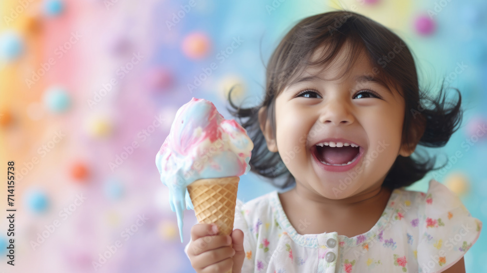 Indian POC little girl enjoying vibrant rainbow ice cream cone, copy space