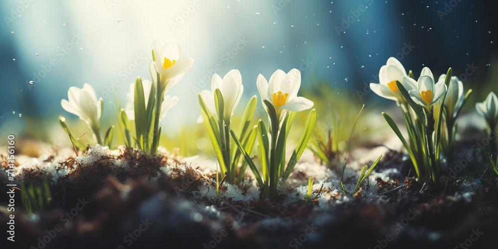 Closeup of early white crocus flowers emerging from the thawing ground. Fresh floral scene in spring nature.