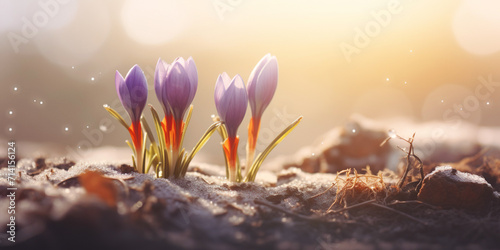 Close-up of a purple crocus in spring, with dewdrops and sunlight, creating a vibrant and earthy floral scene in nature. photo