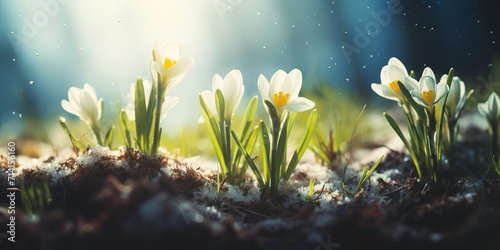 Closeup of early white crocus flowers emerging from the thawing ground. Fresh floral scene in spring nature. © iconogenic