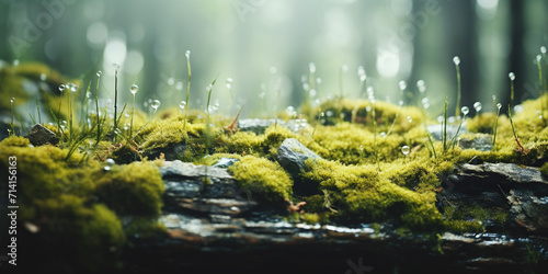 Water droplets on mosses in a summer forest, creating a refreshing and hydrated atmosphere in the natural environment.