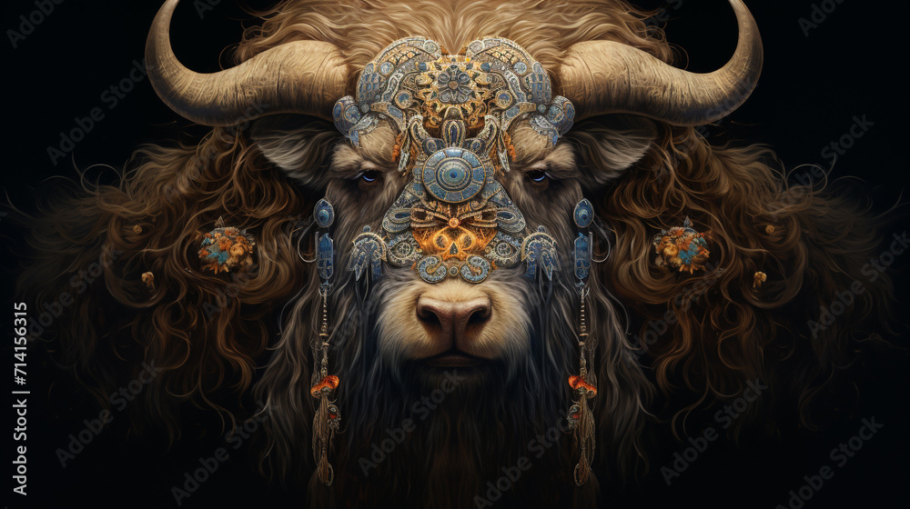 A mythical musk ox creature with round ram horns and long hair, decorated with golden accessories. A mythical musk ox creature with round ram horns and long hair, decorated with golden accessories.