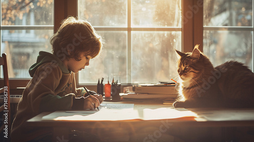 Boy drawing with a cat.