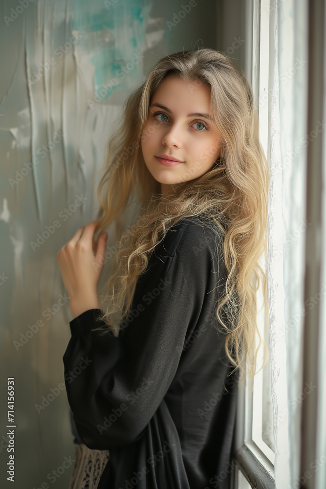 Fototapeta premium Realistic portrait of a charming beautiful young girl with long blonde hair wearing a black dress, standing by a window and looking into the camera.