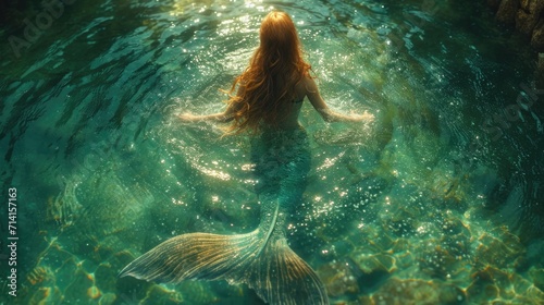 Beautiful redhair girl swimming. Pretty mermaid woman tail water reflection. Attractive sexy female model. Nature beauty. Clean water. Mystical wet fairytale siren creature. Ocean legend aerial view. photo