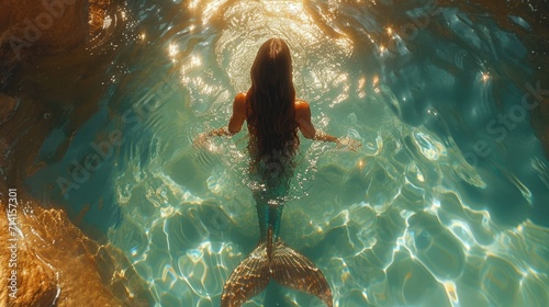 Beautiful brunette girl swimming. Pretty mermaid woman tail water reflection. Attractive sexy female model. Nature beauty. Clean water. Mystical wet fairytale siren creature. Ocean legend aerial view.