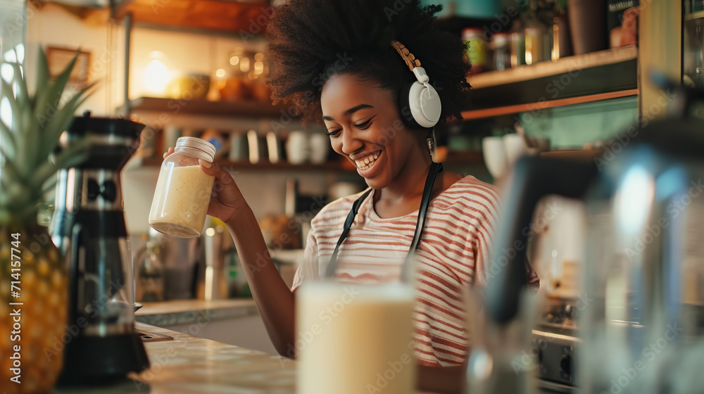 A black woman wearing headphones smiles and makes a smoothie with milk