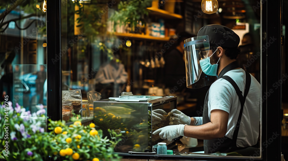 A male waiter wearing a protective disposable mask and gloves makes an order to a customer through a window in a cafe
