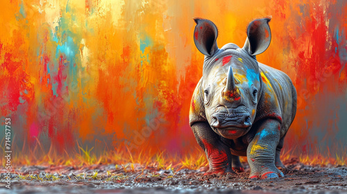 detailed illustration of a print of colorful cute rhino
