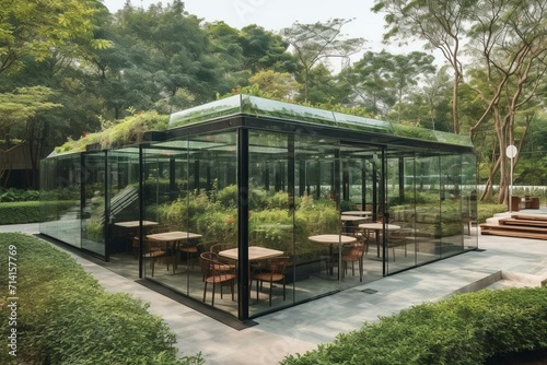 Plant-filled glass structure with tables, lush vegetation, open lawn area. Generative AI