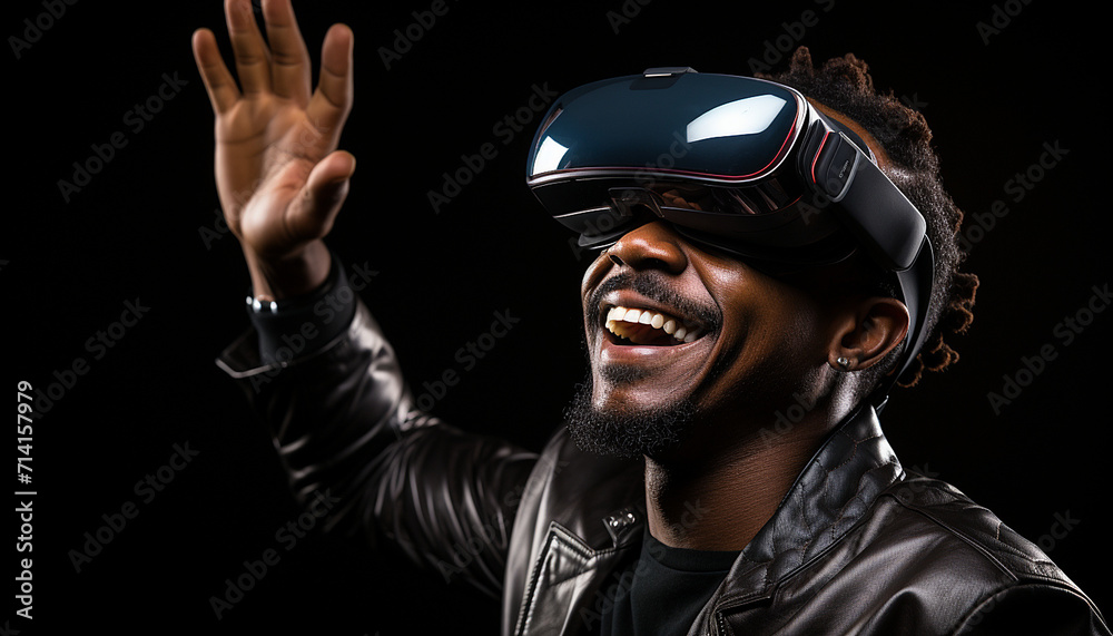 Excited Black Man wearing VR headset playing virtual reality games. Man playing online games. metaverse VR gaming concept Excited Black Man wearing VR headset playing virtual reality games. Man playing online games. metaverse VR gaming concept