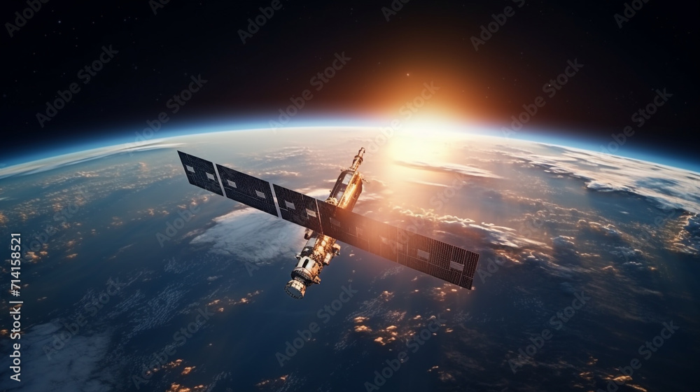 A satellite orbits in space above the planet, bathed in the radiant glow of stars, conducting Earth exploration from its celestial vantage point. A satellite orbits in space above the planet, bathed in the radiant glow of stars, conducting Earth exploration from its celestial vantage point.