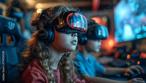 Cyberspace Concept. Happy children wearing VR helmet, experiencing virtual reality, colorful environment © Thijs