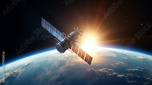 Wallpaper Mural A satellite orbits in space above the planet, bathed in the radiant glow of stars, conducting Earth exploration from its celestial vantage point. Torontodigital.ca