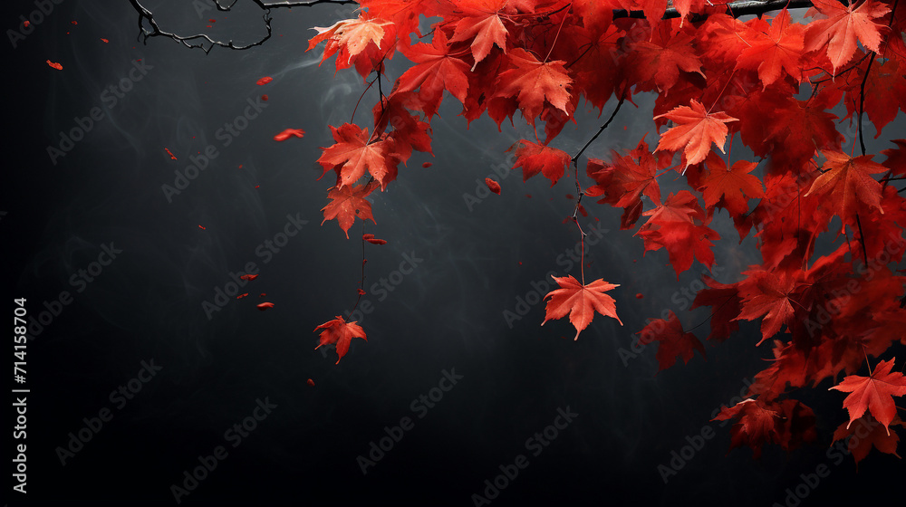 Red maple leaves falling from a tree in the autumn cool rain. Generative AI