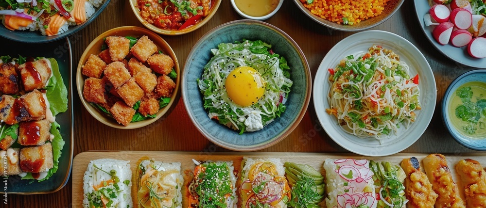 Aerial shot of third-culture cuisine dishes in a fusion restaurant, cultural blend with ambient lighting and rich colors