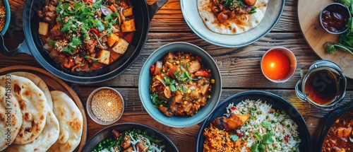 Aerial shot of third-culture cuisine dishes in a fusion restaurant, cultural blend with ambient lighting and rich colors photo