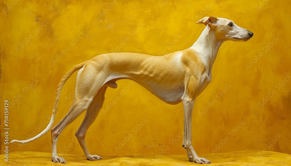 Greyhound on yellow background, adorable and expressive face of a Pug against a radiant yellow background, showcasing the breed's irresistible cuteness, AI generative Greyhound on yellow background, adorable and expressive face of a Pug against a radiant yellow background, showcasing the breed's irresistible cuteness, AI generative