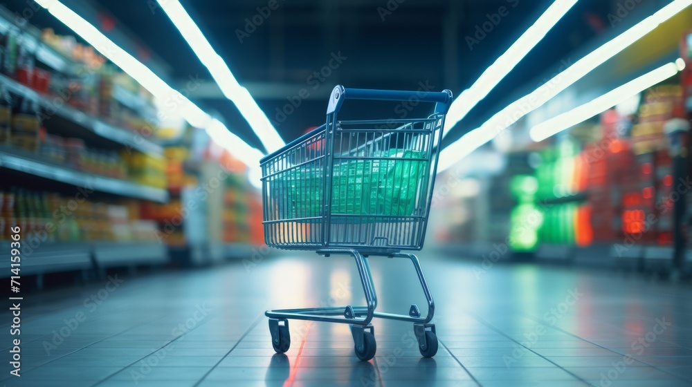 Supermarket aisle with empty red shopping cart with customer defocus background. Neural network AI generated art Supermarket aisle with empty red shopping cart with customer defocus background. Neural network AI generated art