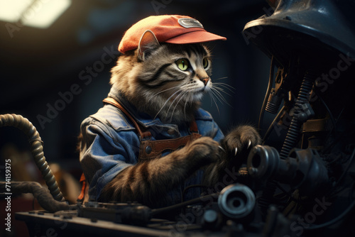 Handyman cute cat doing mechanic repair