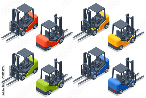 Isometric forklift isolated on white background. Forklift truck. Hydraulic machinery. Forklift truck with man driving.