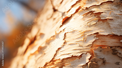 Birch bark in macro, white and yellow flakes of tree bark with black stripes, a perfect background symbolizing the connection with nature. 