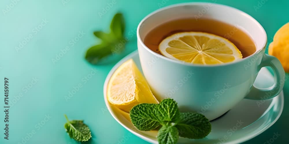 Cup of tea with lemon and mint on a blue background. Cup of tea with lemon and mint on a blue background.